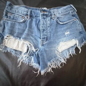 We The Free Shorts Women's size 27 Blue Button Fly Cut Off Fringe Distressed
